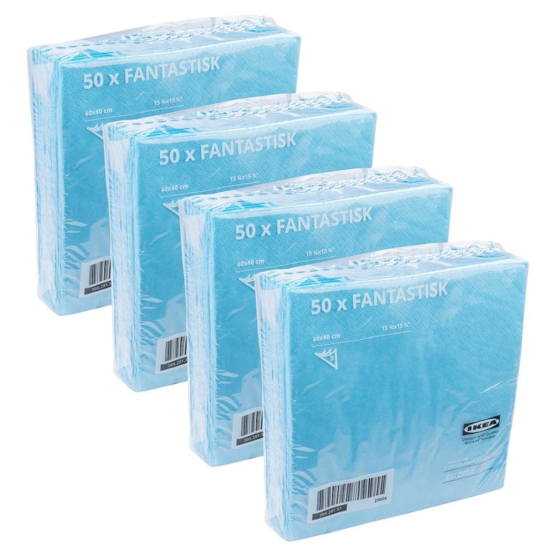 Ikea FANTASTISK 3-Ply Paper Napkins, Light/Bright/Baby Blue, 40x40 Centimetres, 305.281.37 - Set of 200 (4x50)