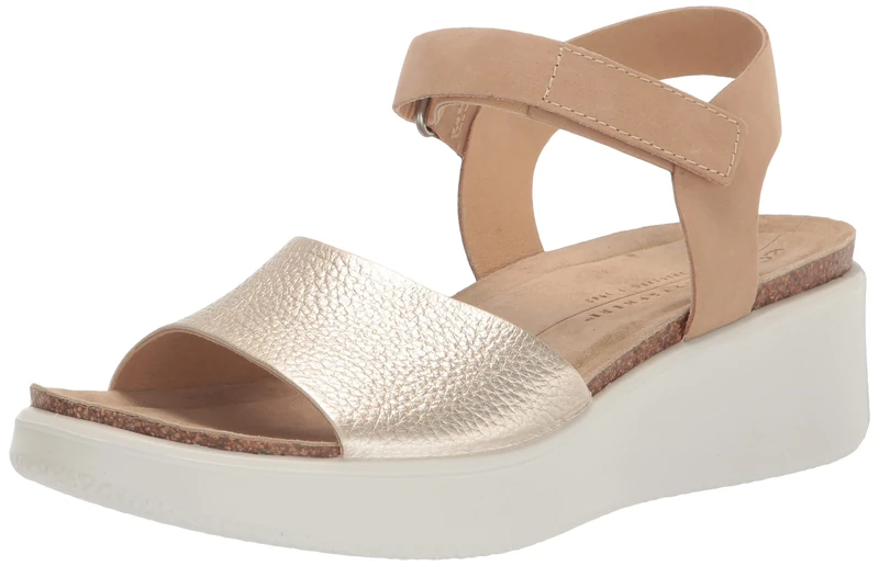 ECCO Women's Flowt Wedge Cork Sandal, Pure White Gold/Powder, 2/2.5 UK