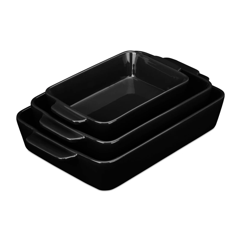 Relaxdays Set of Casserole Dishes in 3 Sizes, Rectangular, for Lasagna, Roast, Tiramisu, Ceramic Oven Form, Grey/White