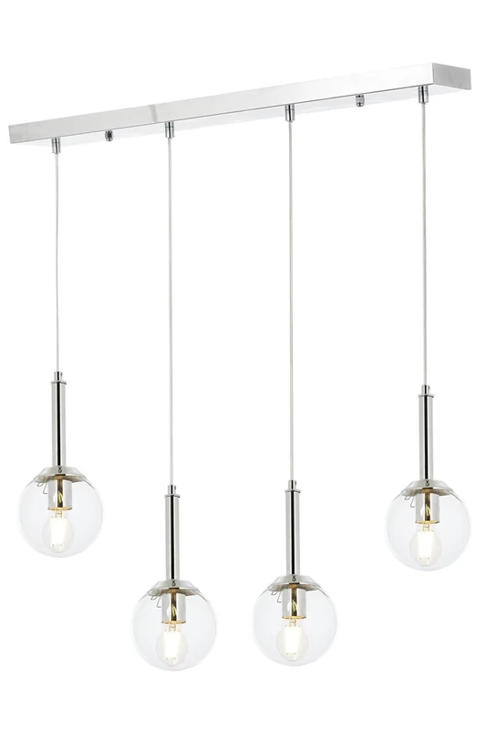 Opviq Scandinavian Chandelier, Chrome Finish, 90 cm Length, 70 x 13 cm, Metal Body, Glass Cap, 4 x E27 Max 6 W, Elegant Lighting for Modern Spaces