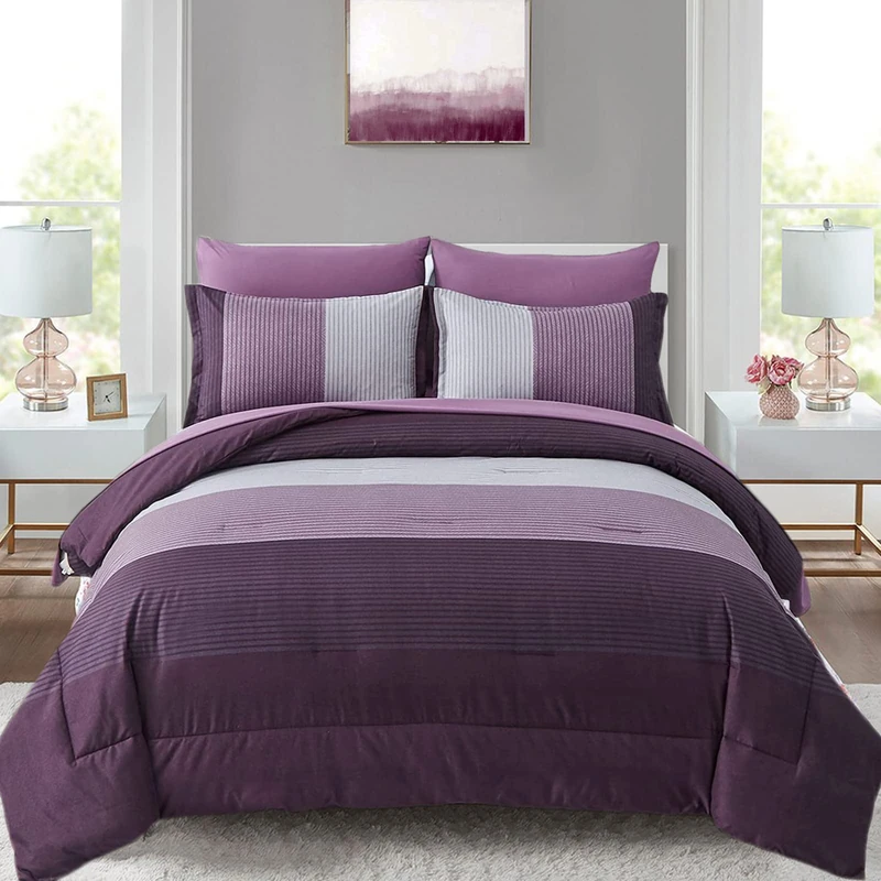 Anibedding Purple Stripe Queen Comforter Set 7 Pieces Bedding Stripe Comforter Sets with Comforter, Pillowshams, Flat Sheet, Fitted Sheet and Pillowcases