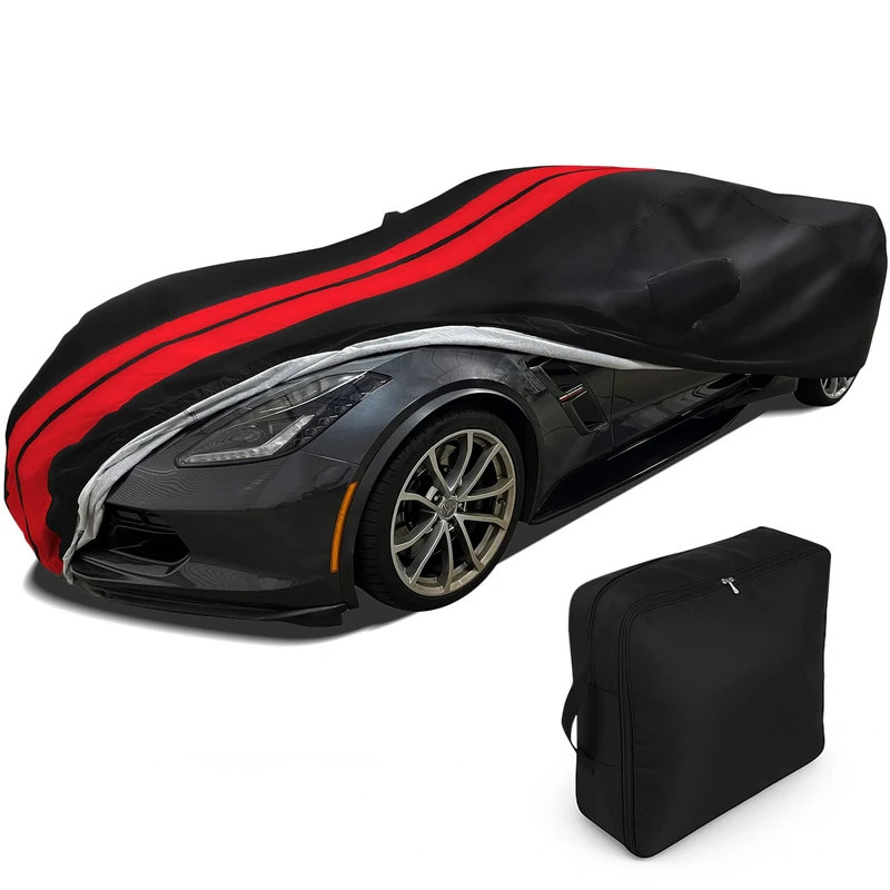 C7 Corvette Ultraguard Plus Car Cover - Indoor/Outdoor Protection Water Resistant 300 Denier : C7 Stingray, Z51, Z06 - Custom FIT for 2014-2019 Corvettes (Black with Red Stripes)