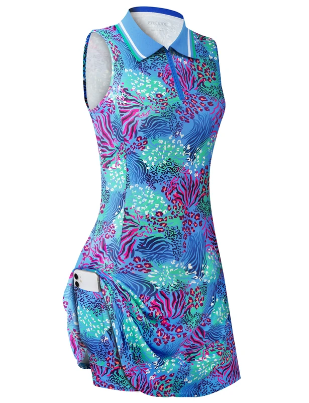 FREEYE Womens Sleeveless Golf Tennis Polo Dresses with Inner Shorts＆Pockets for Workout Exercise, Leopard, M