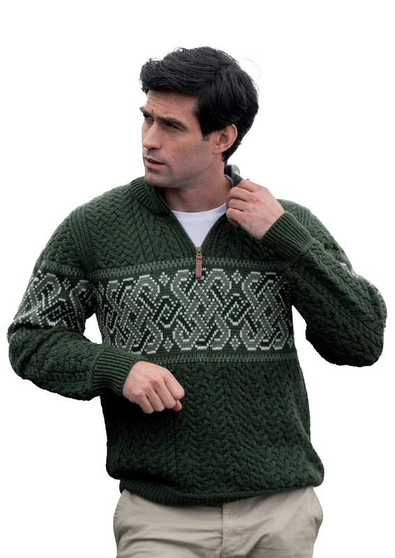 Aran Crafts Irish Jacquard Sweater with Half Zip 100% Merino Wool, Authentic & Traditional Feel, Classic Sweater-Style Knit Designs, Made in Ireland. (X4843-MED-AGRE) Army Green