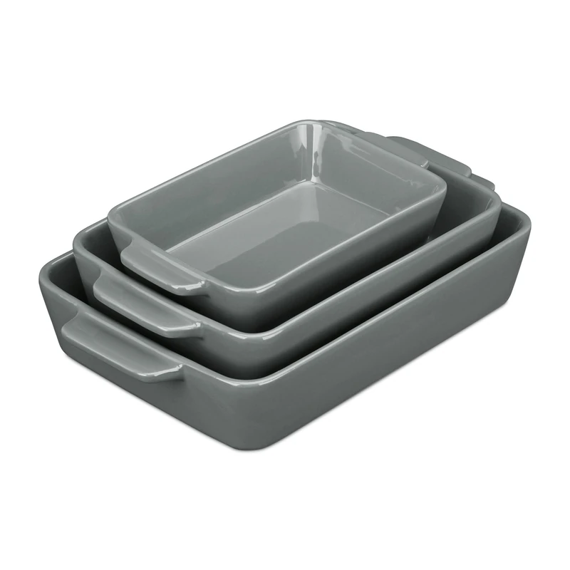 Relaxdays Set of Casserole Dishes in 3 Sizes, Rectangular, for Lasagna, Roast, Tiramisu, Ceramic Oven Form, Grey