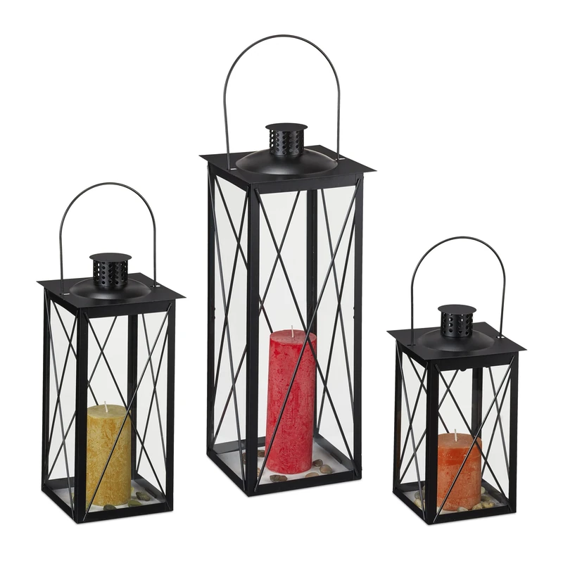 Relaxdays Lanterns Set of 3, Decorative Candle Holders for Outdoors & Indoors, 3 Sizes, Retro, Metal and Glass, Black
