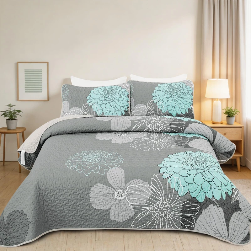Anibedding Green Floral Queen Size Quilt Set - 3 Pieces Boho Flower Quilt Coverlet Elegant Bohemian Bedspread with 2 Pillowcases Soft Lightweight Bedding Quilts for Adults (Green,96"x90")