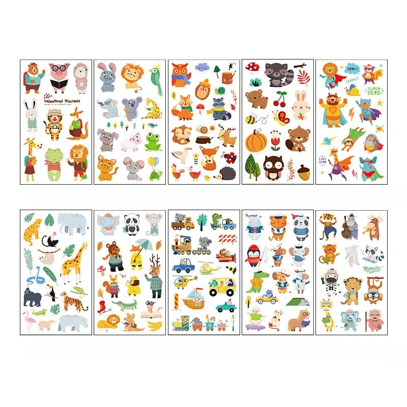 Animal Temporary Tattoos for Kids - 10 Waterproof Cartoon Stickers for Boys and Girls - Birthday Party Bag Filler