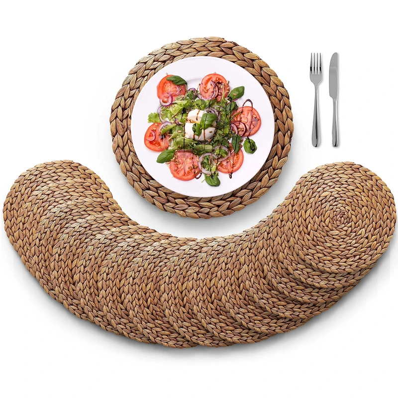 (Sizes:11.8"-13.5''-15") BLUEWEST Woven Placemats (Set of 14) Round Placemats Rattan Placemats, Wicker Water Hyacinth Placemats, Braided Placemat Set, Heat Resistant/Durable for Plate (11.8'', Set 14)