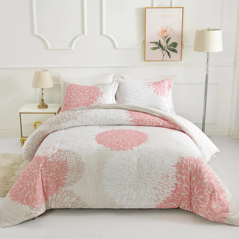 Koniroom Beige and Pink Comforter Set Queen Size, Floral Bedding Sets Queen Size with Pink Flowers Pattern Printing for Women Teen Girls, Reversible All Season Comforter 3 Pieces 2 Pillow Shams