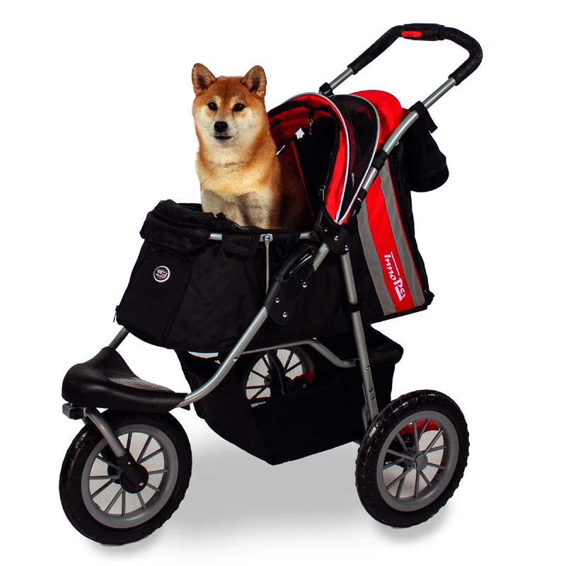 Innopet Pet Buggy Comfort EFA Eco Red/Black - One-Hand Folding Dog & Cat Stroller 25kg Weight Capacity with Non-Puncture EVA Wheels - 2 Safety Tethers - Storage Basket & Easy Install 3 Wheel Design