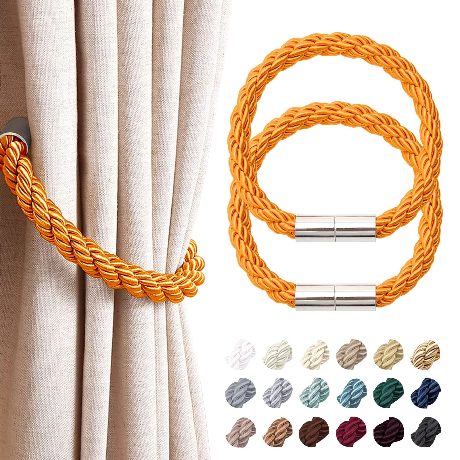 Pretty Jolly 2 Pack Strong Magnetic Curtain Tiebacks Modern Simple Style Drape Tie Backs Convenient Decorative Weave Rope Curtain Holdback for Thin or Thick Home & Office Window Drapery (Orange)