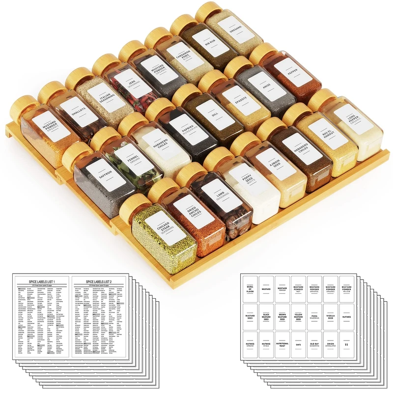 SpaceAid Bamboo Spice Drawer Organizer with 24 Spice Jars, 378 White Minimalist Spice Labels, 3 Tier Seasoning Rack Tray Insert for Kitchen Drawers, 15" Wide x 15" Deep x 2.6" Tall