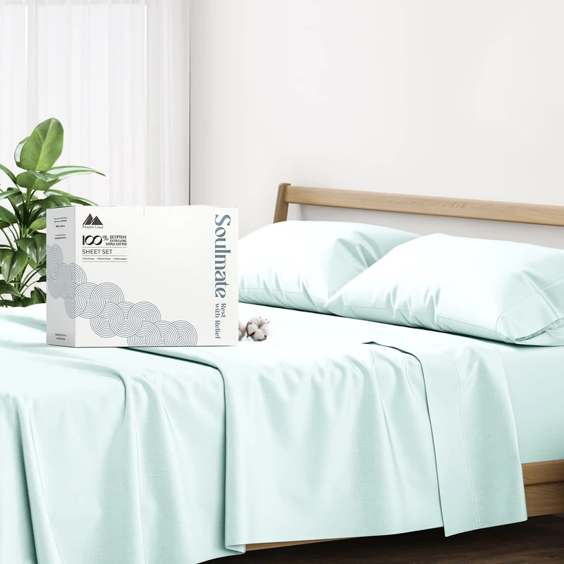 Mayfair Linen 500 Thread Count Cotton Sheet King Size Sheets Set, 4-Piece Long - Staple Pure Cotton Best Sheets for Bed, Cooling, Soft Silky Sateen Weave Fits Mattress Upto 16'' Deep Pocket, Sea Foam