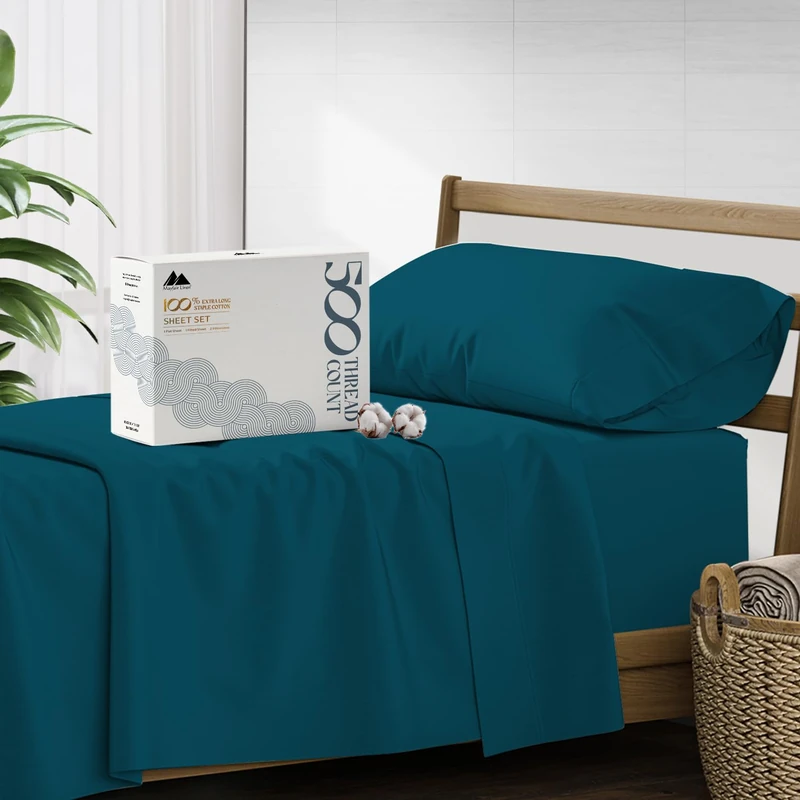 Mayfair Linen 500 Thread Count Twin XL Cotton Sheets - 3 PC Twin XL Size Bed Sheet Set Cotton (Teal), Soft, Cooling, Sateen Hotel-Quality 16" Deep Pocket Bedsheet for Hot Sleepers (Fits 18" Mattress)