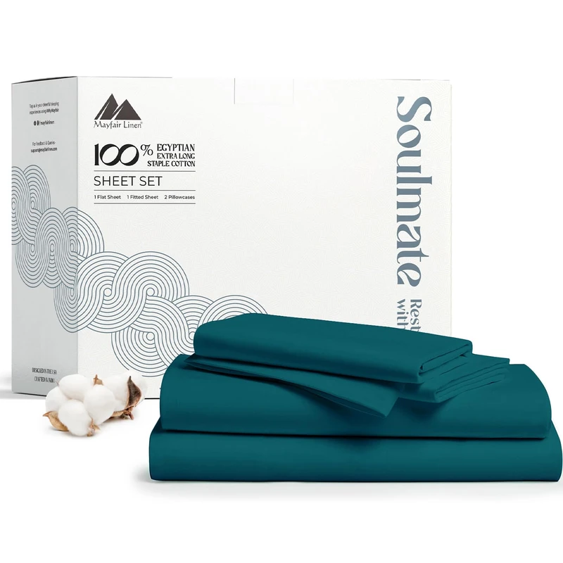 Mayfair Linen Sheets 100% Egyptian Cotton Queen Size - Luxury 500 Series Queen Sheet Set (4 PC, Teal), Silky Soft, Cooling 16" Deep Pocket Hotel Quality Bed Sheet - Soulmate Collection