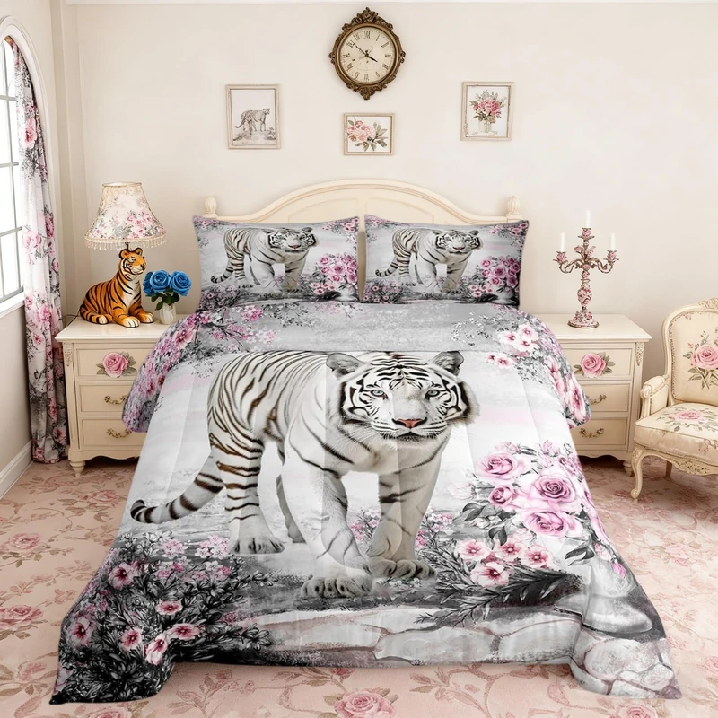 Castle Fairy Rose Flower Tiger Kids Comforter Set Queen Size,Africa Fierce Wildlife Animals White Tiger Bedding Set for Men Women Adults,Multicolor Floral Botanical Painted Print Quilt 3 Pcs