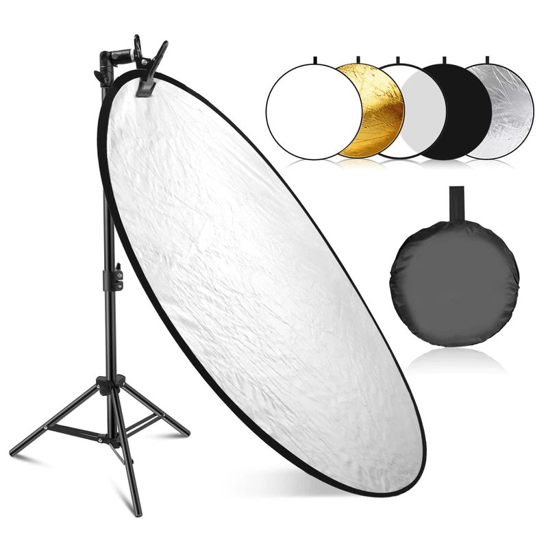 NEEWER 43"/110cm Light Reflector Kit, 5 in 1 Collapsible Round Reflector (Translucent/Silver/Gold/White/Black), Metal Clamp and 21"-43”/53-110cm Short Stand for Low Angle Children Studio Photography