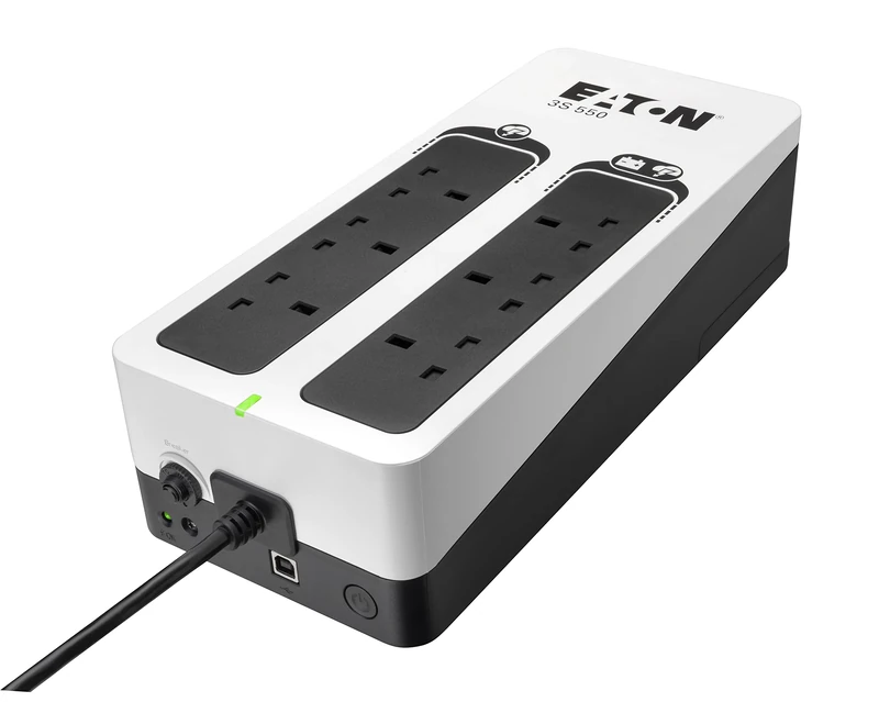 Eaton 3S 550B UPS - Off Line Uninterruptible Power Supply - 550VA (8 BS outlets, USB, Quiet, Shutdown software) - USB Interface (cable included) - Black&White (3S550B)