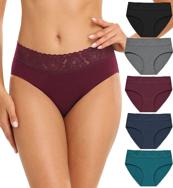 Wealurre Cotton Underwear Women Lace Waistband Full Briefs Ladies High Leg Knickers for Women Soft Stretch Panties Multipack 5 (Medium, Dark Color)