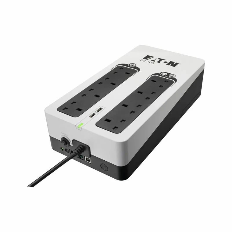 Eaton 3S 700B UPS - Off Line Uninterruptible Power Supply - 3S700B - 700VA (8 BS outlets, 2 USB Type-A ports, Quiet, Shutdown software) - USB interface (cable included) - Black&White