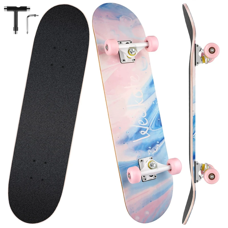 Hikole Skateboard for beginners, 31 x 8 inches, complete skateboard made of 7 ply Canadian Maple, Concave Double Kick Skateboard for Kids, Teens and Adults.