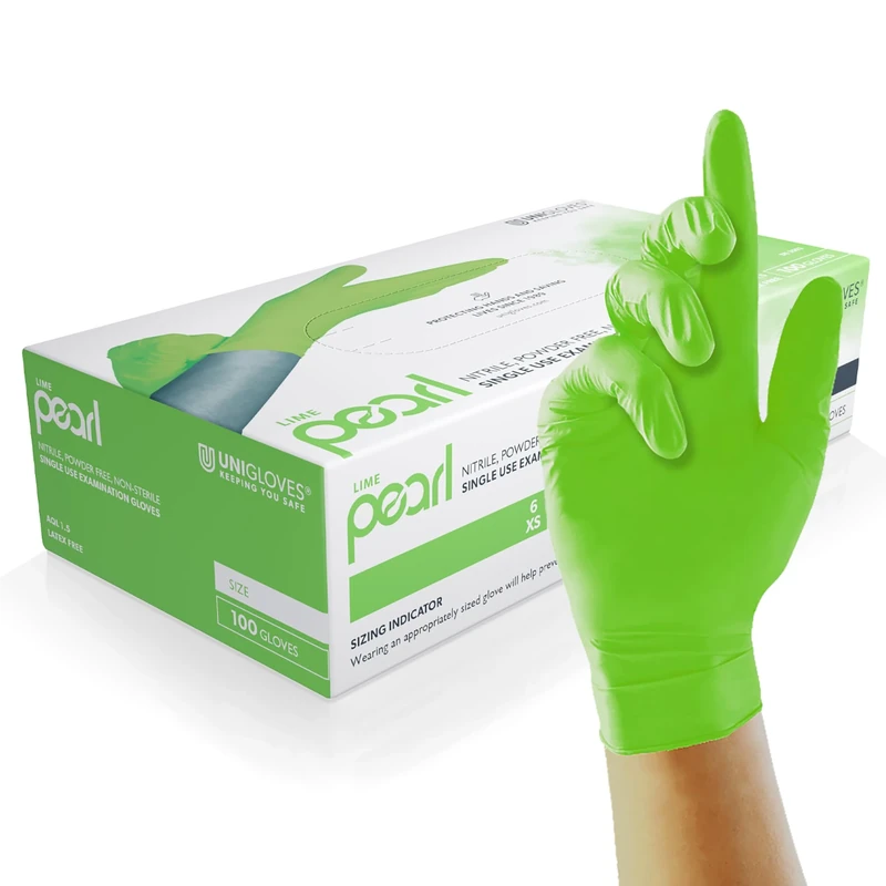 UNIGLOVES Lime Pearl Nitrile Examination Gloves - Multipurpose, Powder Free and Latex Free Disposable Gloves - Box of 100 Gloves, Lime, Medium (GP3503)