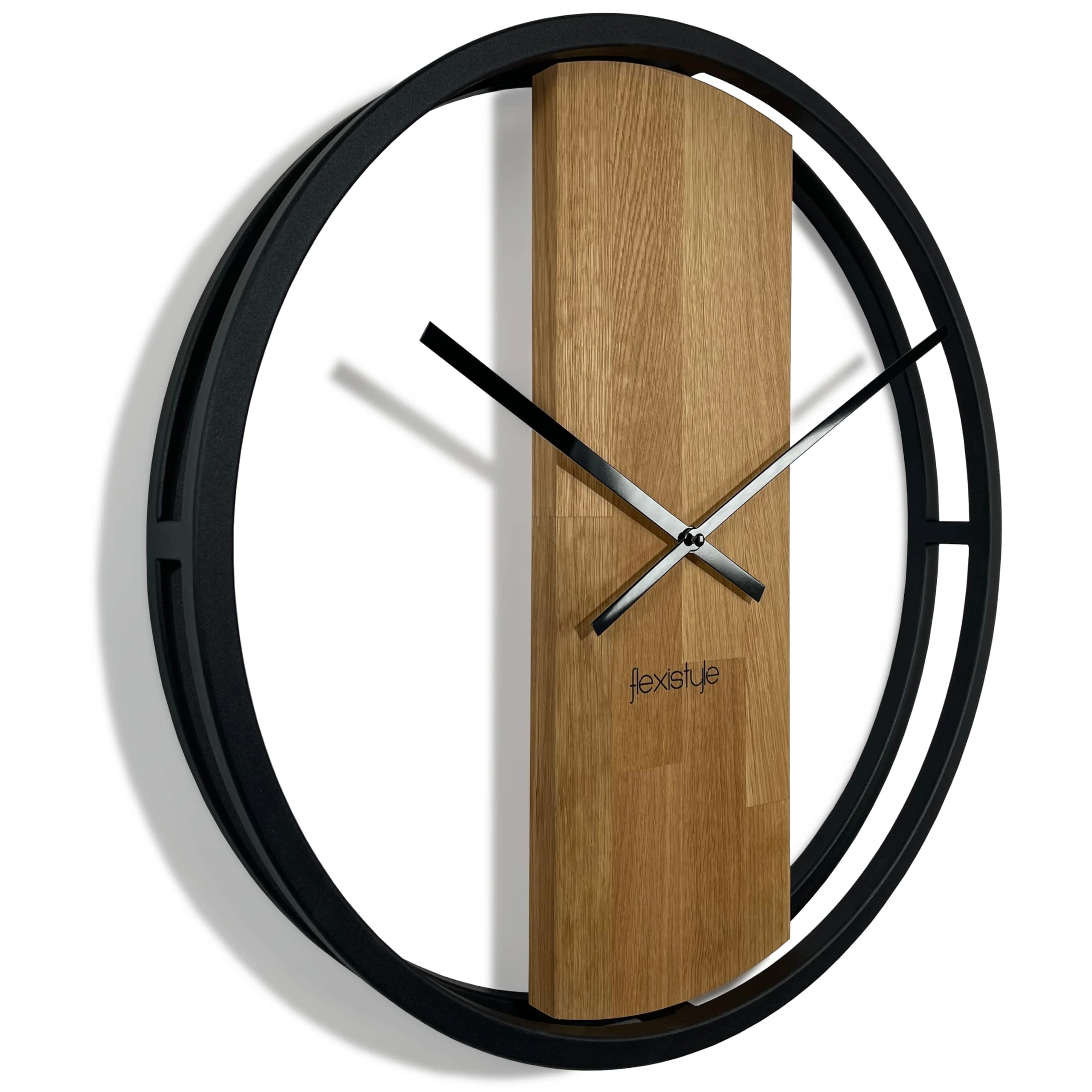 FLEXISTYLE large wall clock LOFT 50cm wooden interior oak black metal for living room bedroom silent non ticking