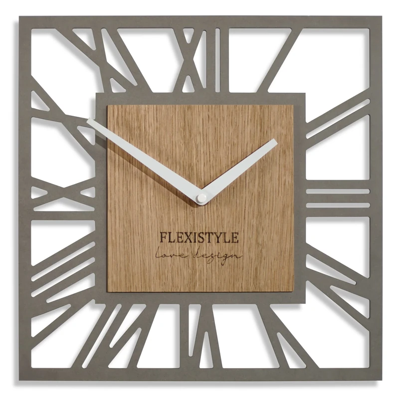 FLEXISTYLE Square wall clock grey wooden oak 30cm unusual design roman digits silent non ticking for office living room