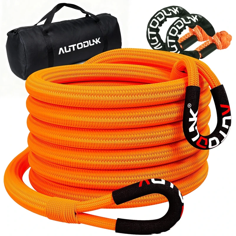 AutoDunk 1" x 30' Kinetic Recovery & Tow Rope (33,000lbs), with 2 Soft Shackles (33,000lbs) Offroad Recovery Kit for 4WD Pick Up Truck, SUV, ATV, UTV (Orange)