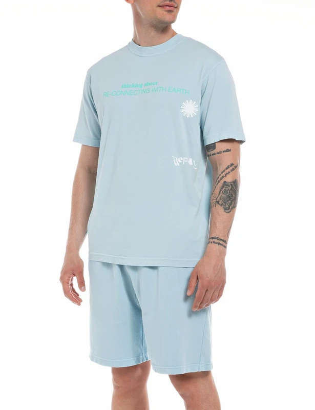 REPLAY Men's T-Shirt Short Sleeve Lettering and Backprint, Aegean Sky 109 (Blue), M