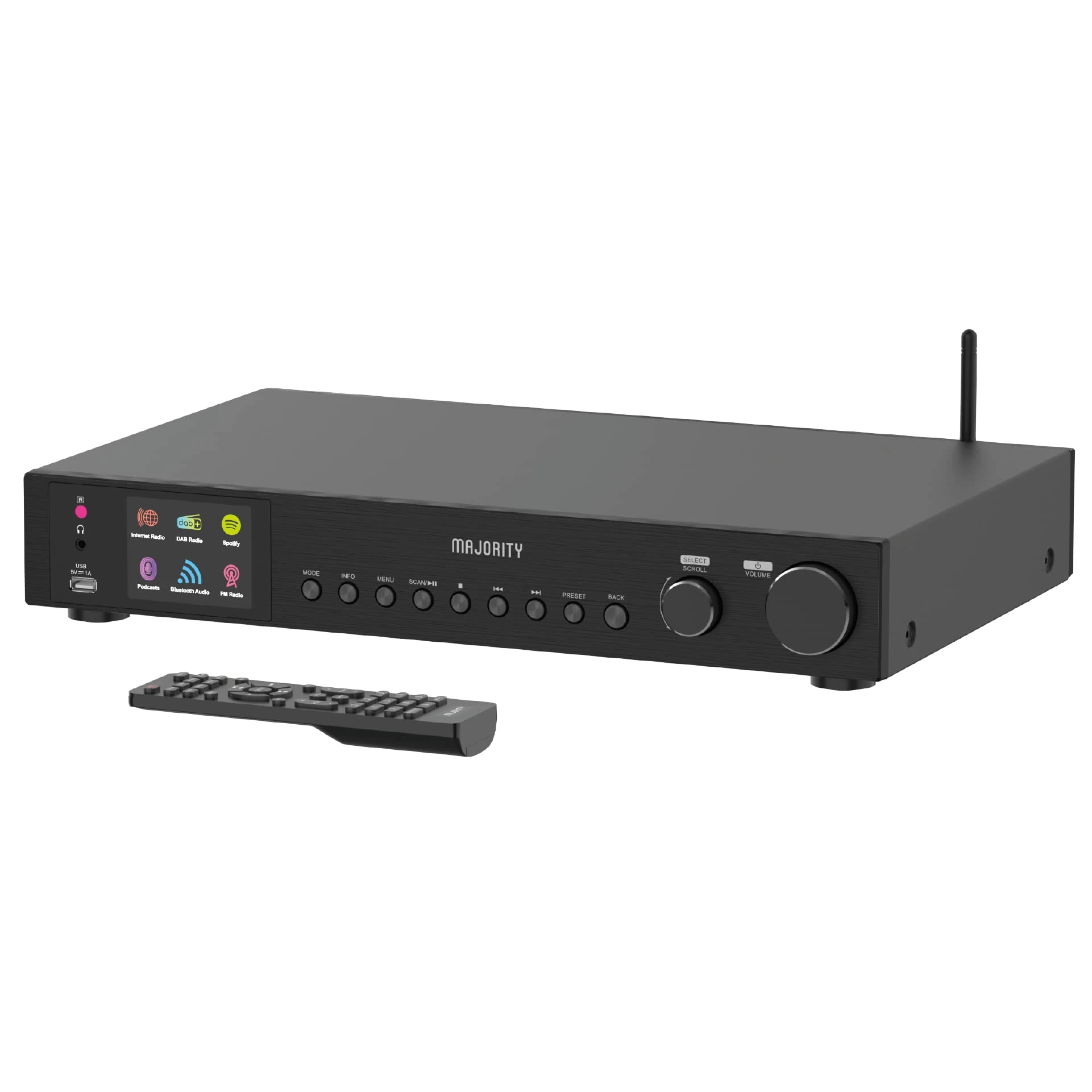 Bluetooth Internet Radio with DAB+ | Digital Tuner for Hifi Stack | FM, Spotify Connect, Podcasts | 90+ Presets, Colour LED Display | USB, AUX, RCA | Remote Control | MAJORITY Fitzwilliam 3 (Black)