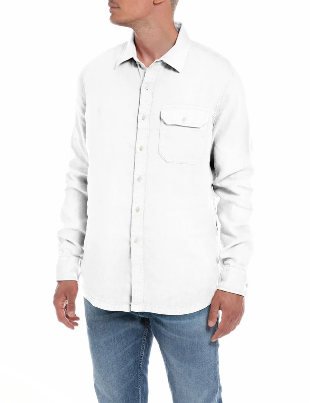 REPLAY Men's Long Sleeve Linen Shirt, Optical White 001 (White), M