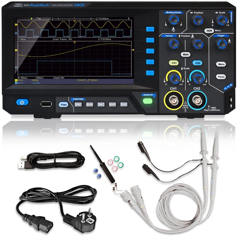 PeakTech 1401, Digital Storage Oscilloscope, 2 Channel, 10 MHz, 100 MS/s, USB Interface, PC Software, P 1401