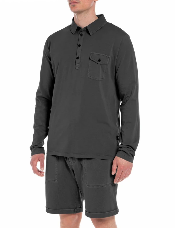 Replay Men's Long-Sleeved Cotton Polo Shirt, Smoke Grey 391 (Grey), L
