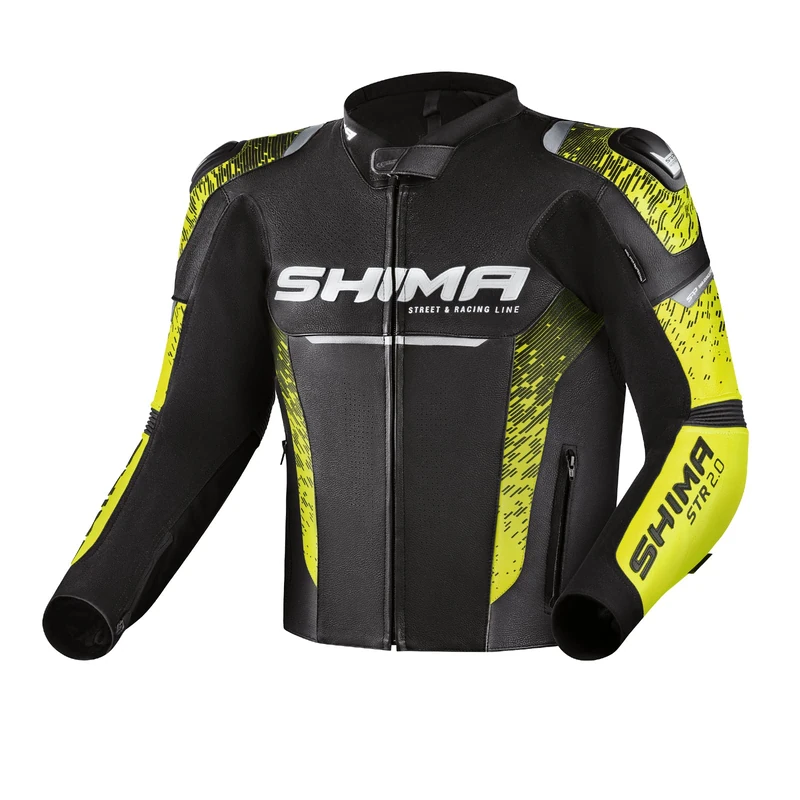 SHIMA STR 2.0 Motorbike Jacket Leather, sport jacket with back, elbows, shoulders protectors, perforated leather, for 2-piece suit (Black/Fluo, 58)