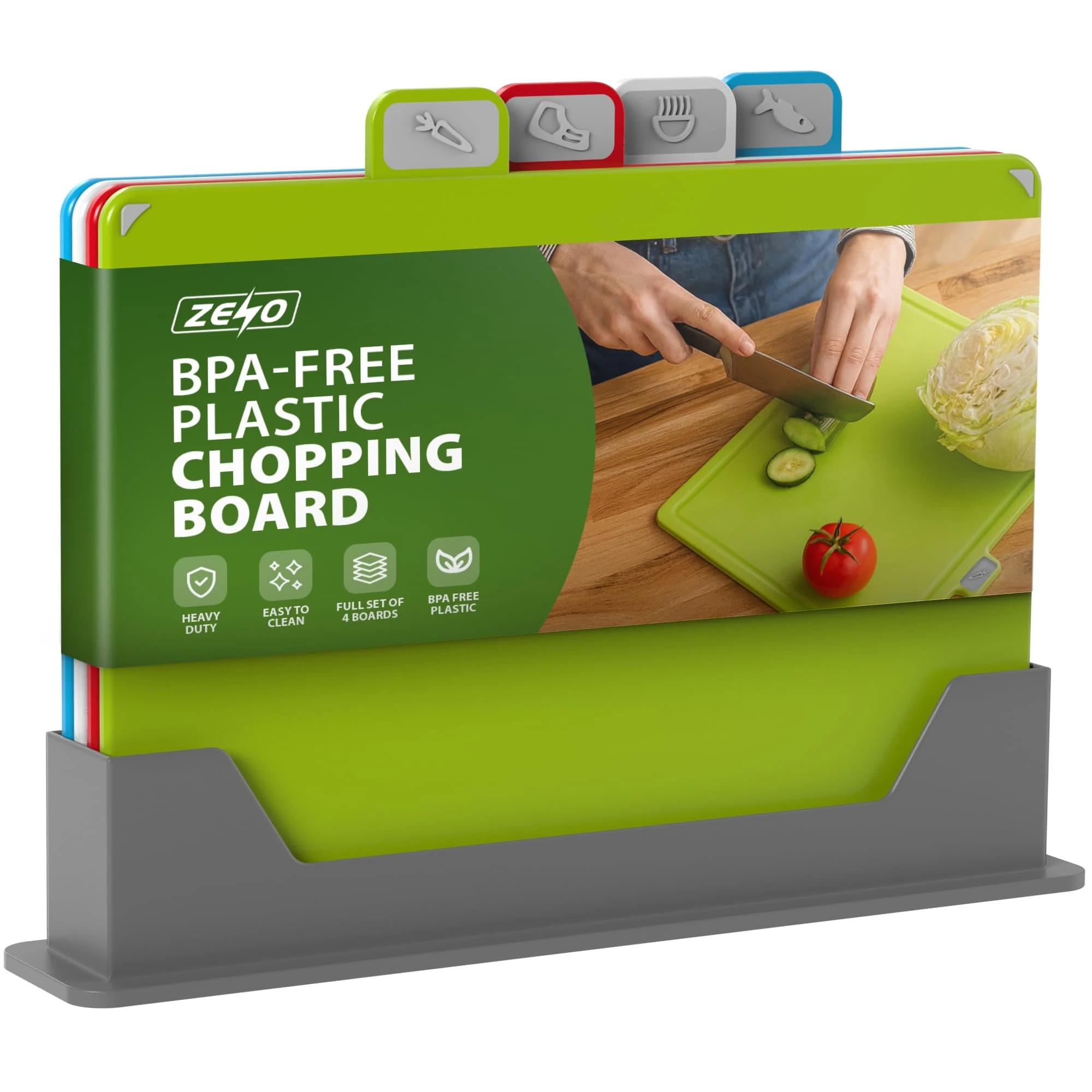 ZENO Plastic Chopping Board Set | Set of 4 Coloured Chopping Boards with Stand | Non Slip Cutting Boards | Thick Chopping Boards for Kitchen Cooking Equipment | Food Icons | Dishwasher Safe | BPA-Free