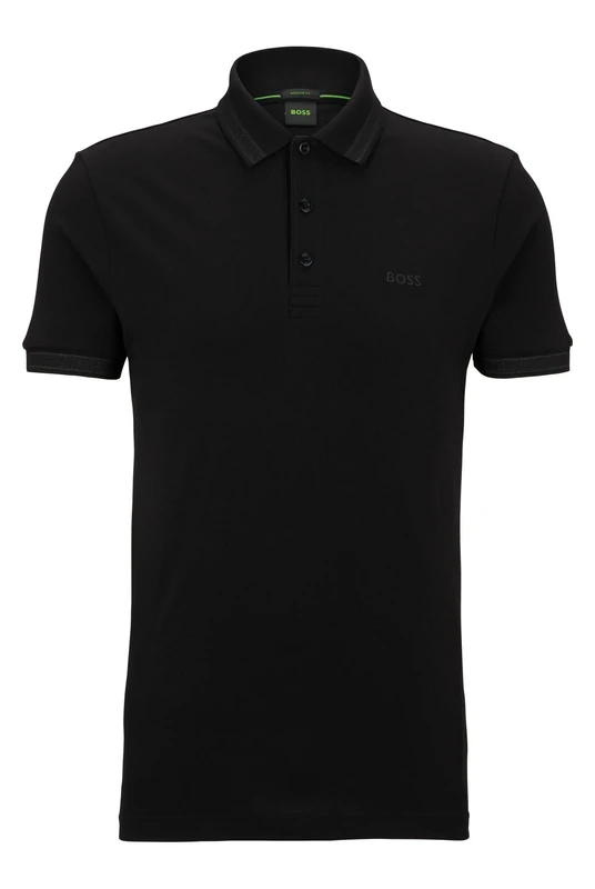 BOSS Mens Paddy Curved-Logo Polo Shirt in Organic Cotton Black