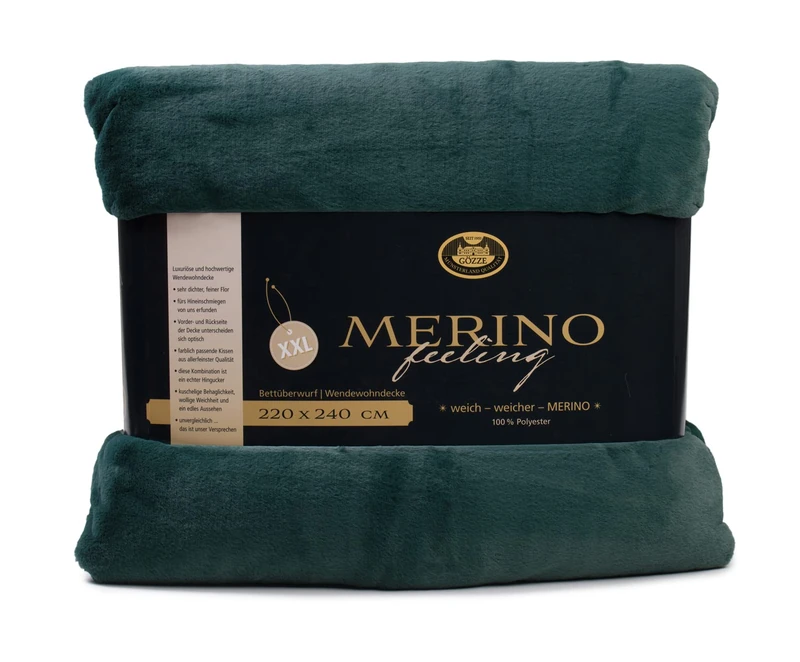 Gözze - Cosy Blanket, Merino Feel, Reversible, Heavy Weight 600 g/m², 220 x 240 cm - Dark Green