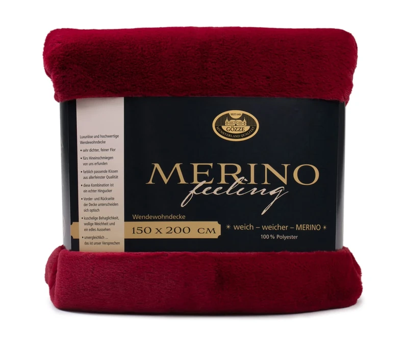 Gözze - Cosy Blanket, Merino Feel, Reversible, Heavy Weight 600 g/m², 150 x 200 cm - Crimson