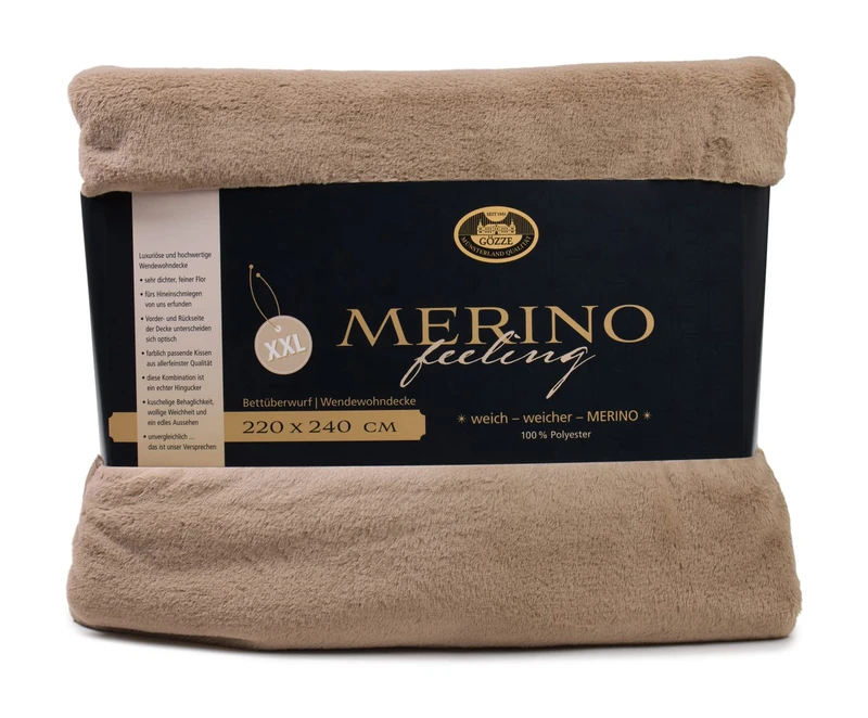 Gözze - Cosy Blanket, Merino Feel, Reversible, Heavy Weight 600 g/m², 220 x 240 cm - Taupe