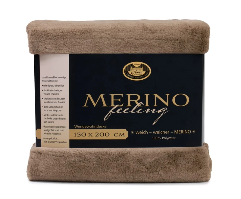 Gözze - Cosy Blanket, Merino Feel, Reversible, Heavy Weight 600 g/m², 150 x 200 cm - Taupe