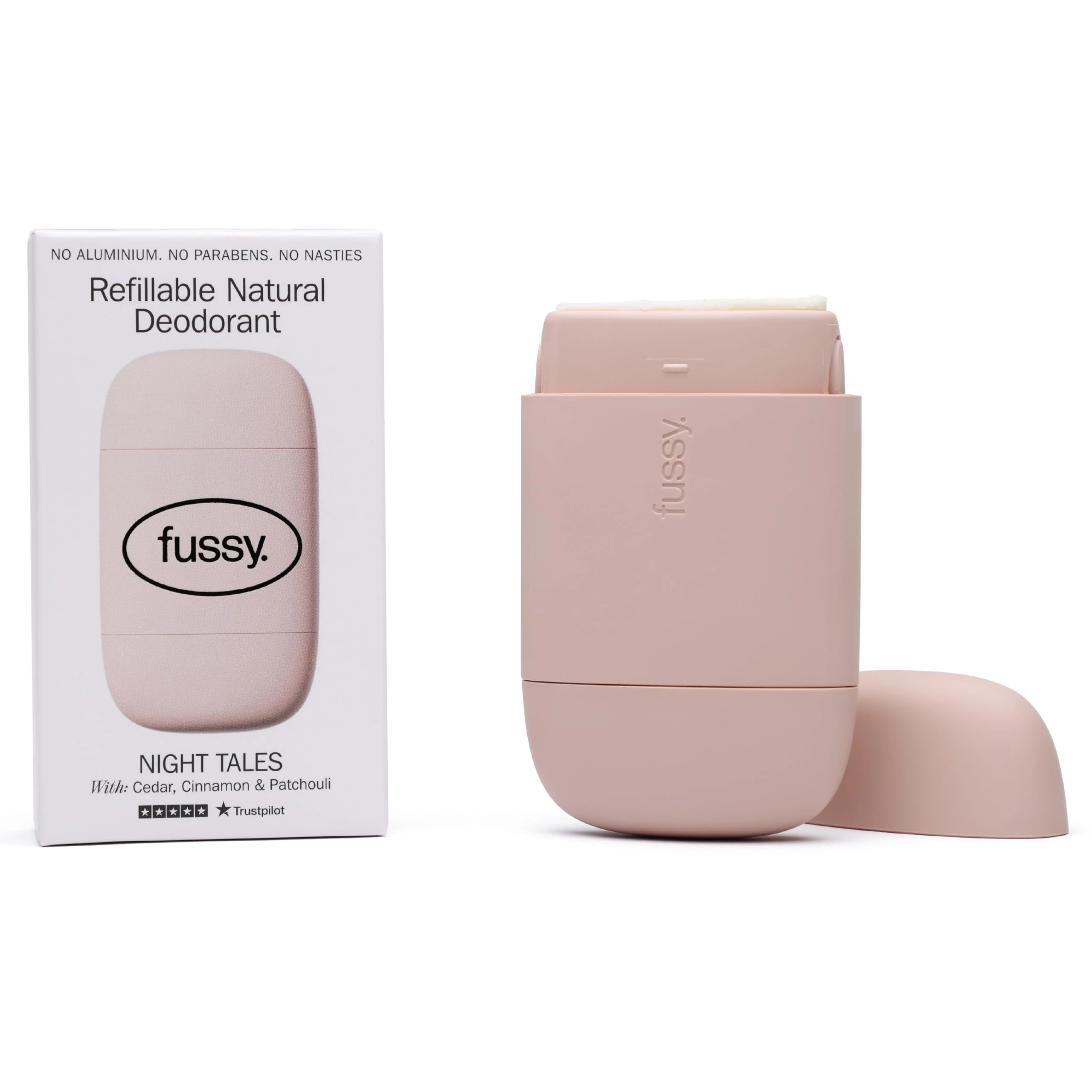 Fussy - Natural Refillable Deodorant - Aluminium Free - 24 hour protection - Floral Scent and Blush Pink Case - Cedar, Cinnamon and Patchouli - Vegan & Cruelty Free - 100% Natural & Effective