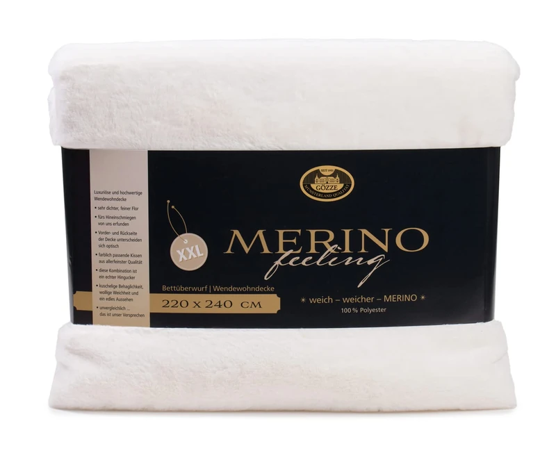 Gözze - Cosy Blanket, Merino Feel, Reversible, Heavy Weight 600 g/m², 220 x 240 cm - Wool White
