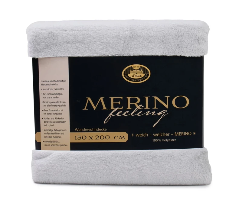 Gözze - Cosy Blanket, Merino Feel, Reversible, Heavy Weight 600 g/m², 150 x 200 cm - Silver