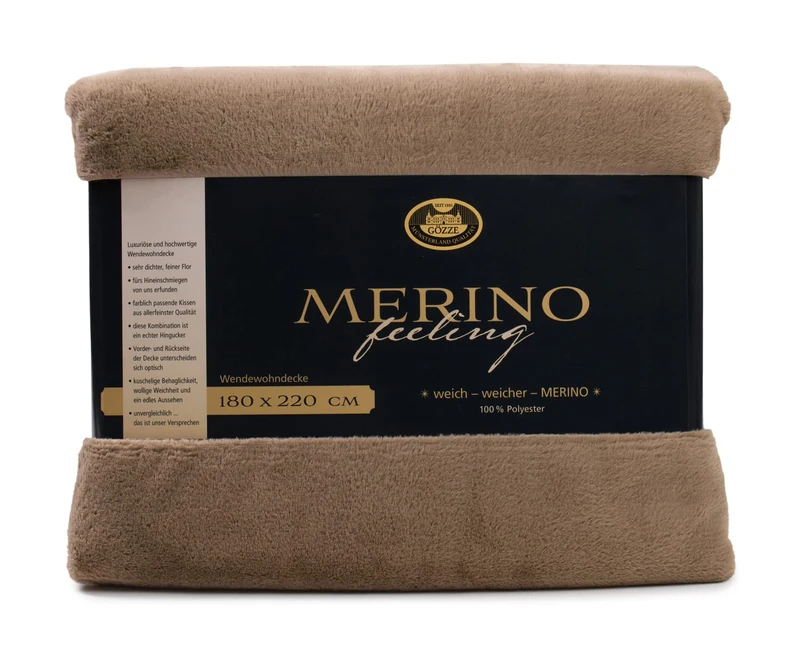 Gözze - Cosy Blanket, Merino Feel, Reversible, Heavy Weight 600 g/m², 180 x 220 cm - Taupe
