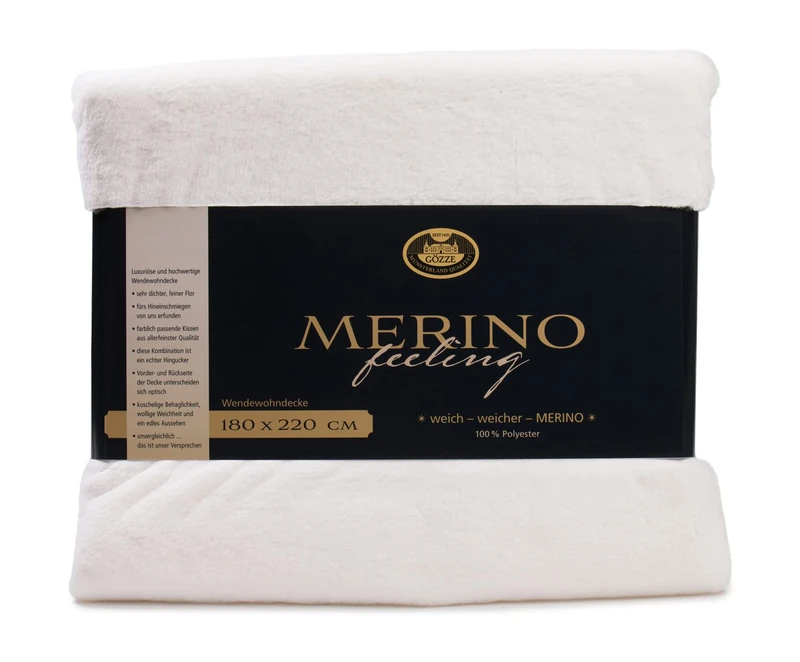 Gözze - Cosy Blanket, Merino Feel, Reversible, Heavy Weight 600 g/m², 180 x 220 cm - Wool White