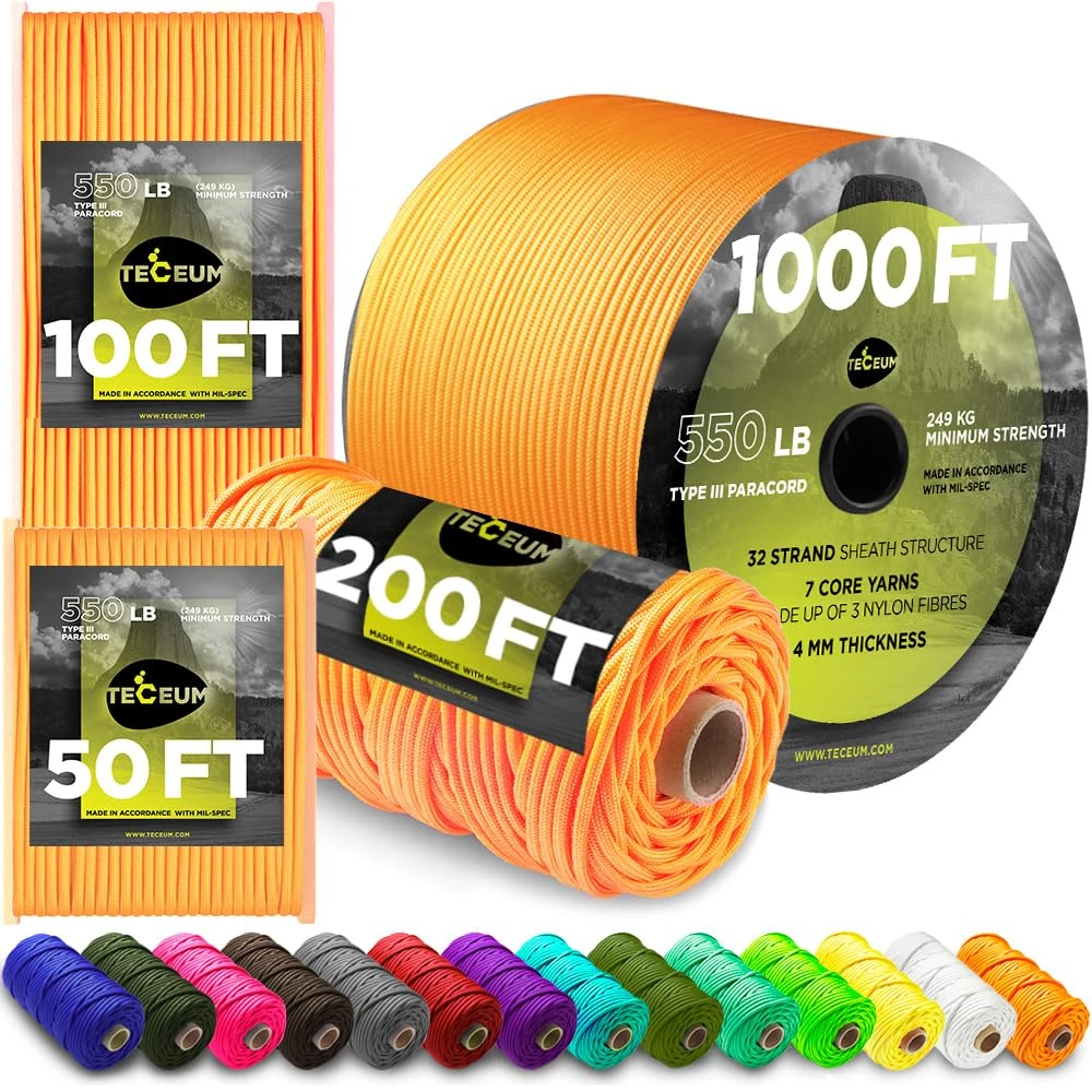 TECEUM Paracord Type III 550 Orange – 30 m – 4mm – Tactical Rope MIL-SPEC – Outdoor Para Cord – Camping Hiking Fishing Gear and Equipment – EDC Parachute Cord – Strong Survival Rope (100ft) 045
