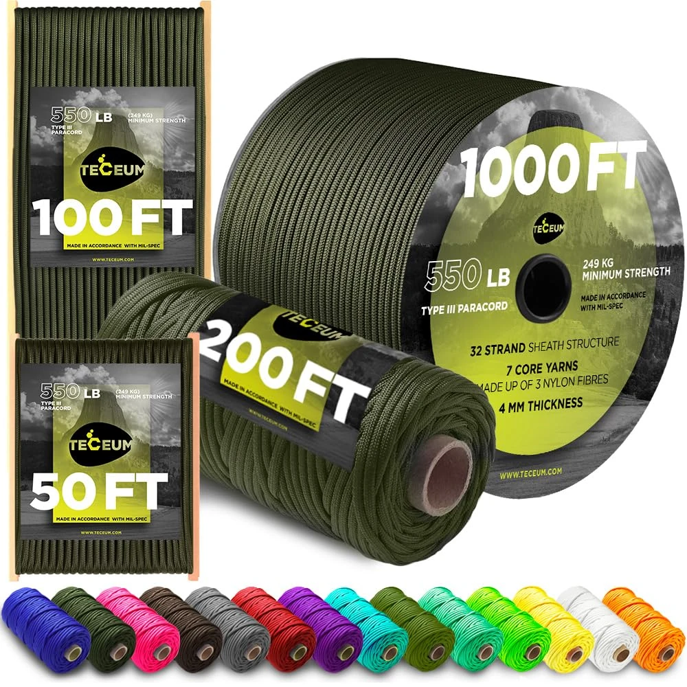 TECEUM Paracord Type III 550 Army Green – 15 m – 4mm – Tactical Rope MIL-SPEC – Outdoor Para Cord – Camping Hiking Fishing Gear and Equipment – EDC Parachute Cord – Strong Survival Rope (50ft) 010