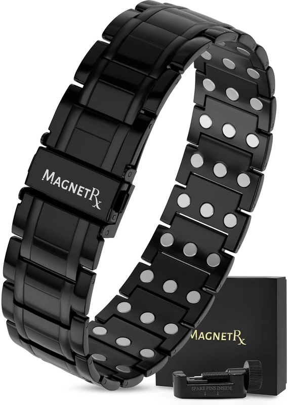 MagnetRX® 3X Strength Magnetic Bracelets for Men - Effective Titanium Magnetic Bracelet Men - Premium Fold-over Clasp & Adjustable Length with Sizing Tool & Gift Box (Black)